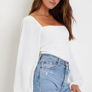Lulus Abundance Of Love White Textured Long Sleeve Tie-back Bodysuit - Size S
